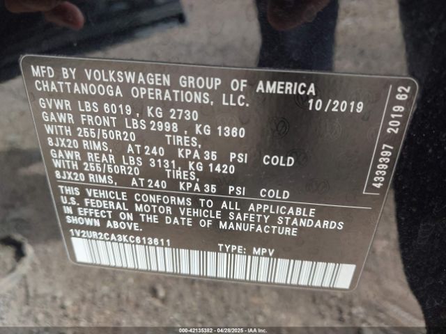 1V2UR2CA3KC613611 Volkswagen Atlas 3.6l V6 Se W/technology