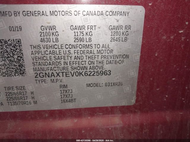 2019 CHEVROLET EQUINOX 2GNAXTEV0K6225963 Photo 8