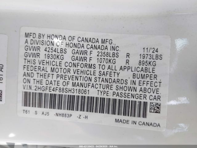 2HGFE4F88SH318061 Honda Civic  Hybrid Sport/sport Touring
