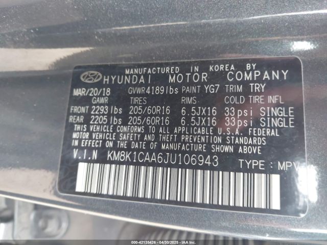 KM8K1CAA6JU106943 Hyundai Kona Se