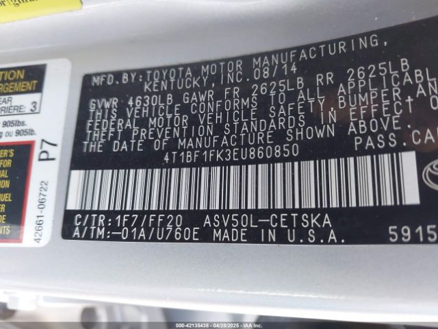 4T1BF1FK3EU860850 Toyota CAMRY SE