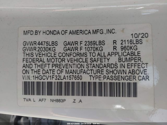 1HGCV1F32LA157650 Honda Accord Sport