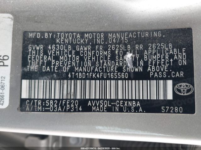 4T1BD1FK4FU165560 Toyota Camry Hybrid Le