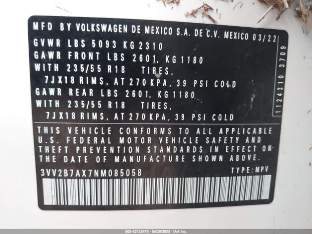 2022 VOLKSWAGEN TIGUAN 3VV2B7AX7NM085058 Photo 8