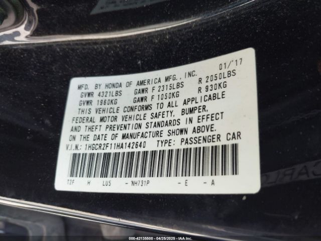 1HGCR2F11HA142640 Honda Accord Sport Se