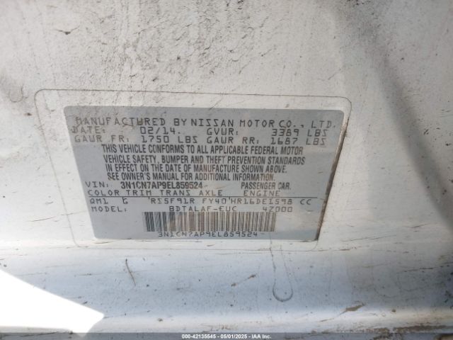 3N1CN7AP9EL859524 Nissan Versa