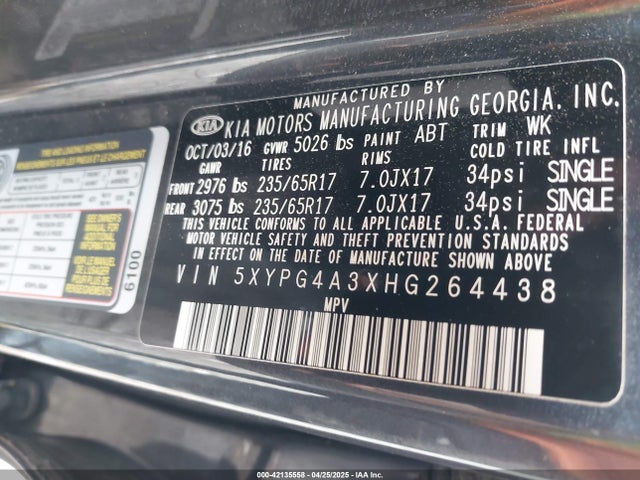 5XYPG4A3XHG264438 KIA Sorento 2.4l Lx