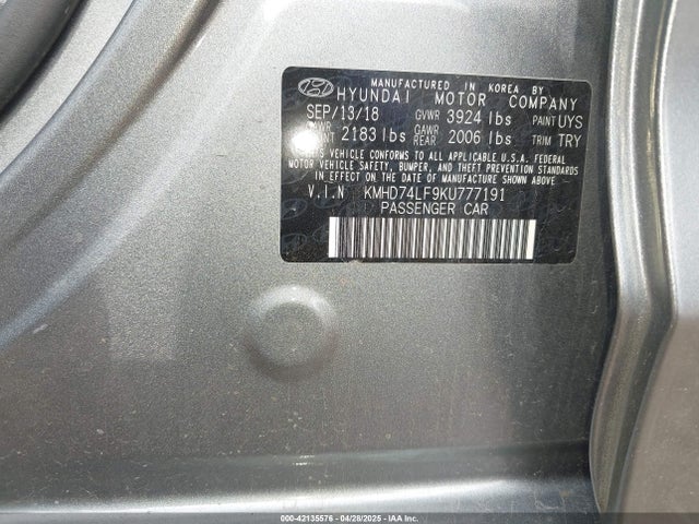 KMHD74LF9KU777191 Hyundai ELANTRA SE
