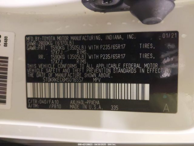 5TDKRKEC6MS016557 Toyota SIENNA LE