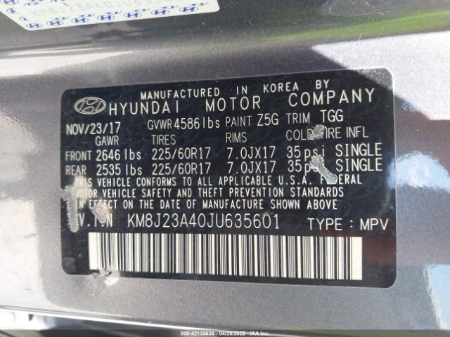 KM8J23A40JU635601 Hyundai TUCSON SE