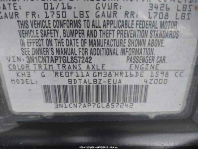3N1CN7AP7GL857242 Nissan Versa 1.6 S/1.6 S+/1.6 Sl/1.6 Sv