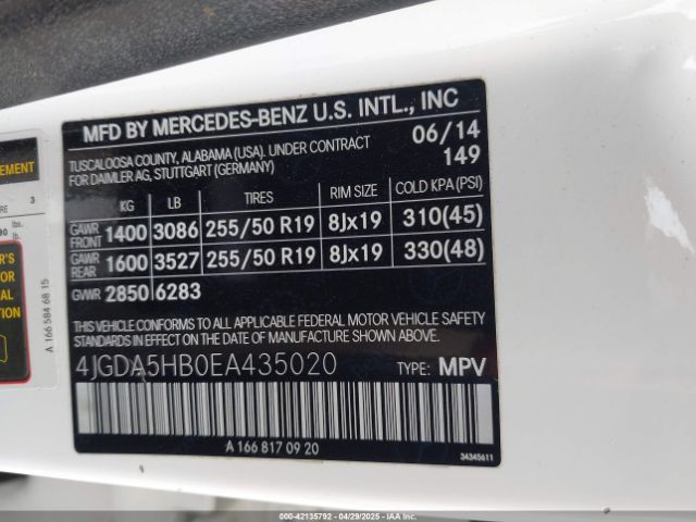 4JGDA5HB0EA435020 Mercedes-Benz Ml 350 4matic