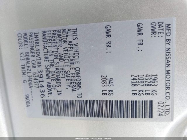 1N4BL4DV1RN391436 Nissan Altima Sv Fwd