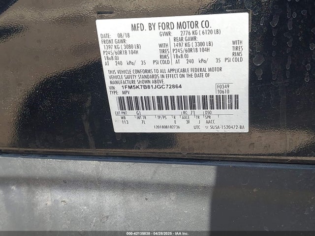 1FM5K7B81JGC72864 Ford Explorer