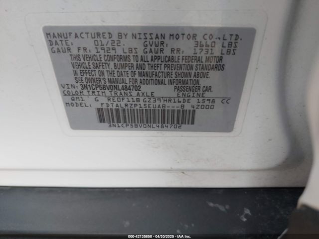 3N1CP5BV0NL484702 Nissan Kicks S Xtronic Cvt