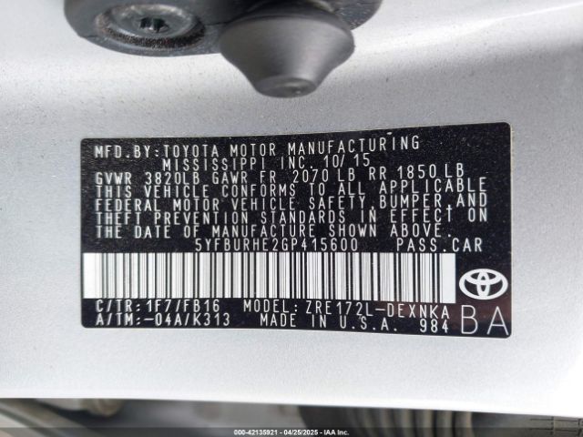 5YFBURHE2GP415600 Toyota COROLLA LE