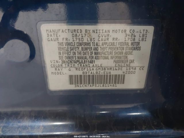 3N1CN7AP5JL811481 Nissan Versa 1.6 Sv