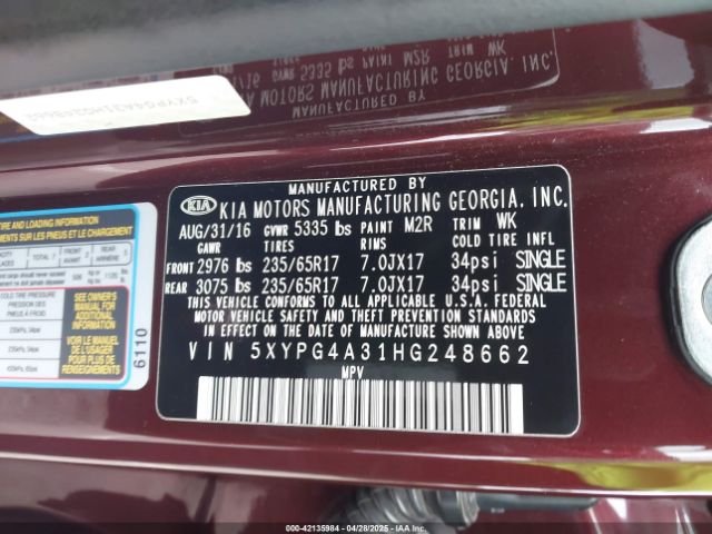 5XYPG4A31HG248662 KIA Sorento 2.4l Lx