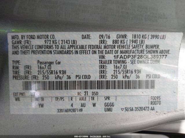 1FADP3F28GL389377 Ford FOCUS SE