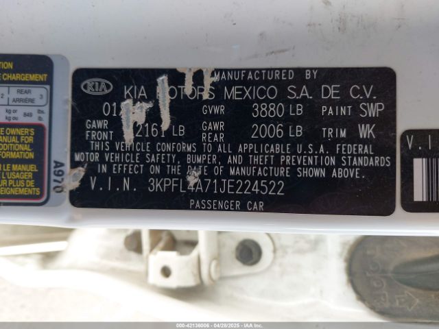 3KPFL4A71JE224522 KIA FORTE LX