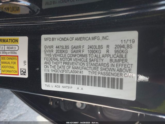 1HGCV2F57LA004141 Honda Accord Ex-l 2.0t