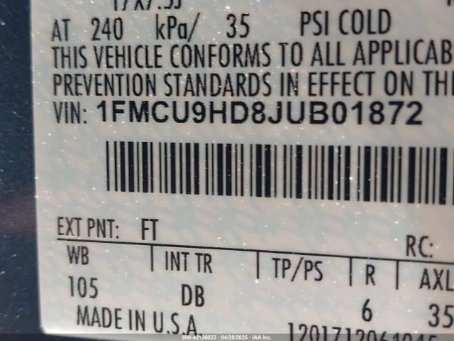 1FMCU9HD8JUB01872 Ford ESCAPE SEL