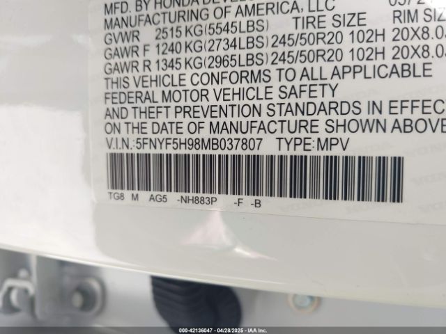 5FNYF5H98MB037807 Honda Pilot Touring