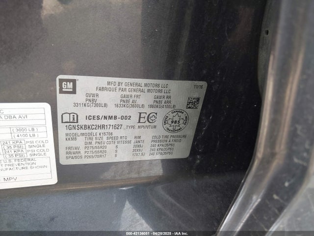 1GNSKBKC2HR171627 Chevrolet l83 - sidi: spark ignited direct injection, vvt: variable valve timing, afm, e85 max, alum