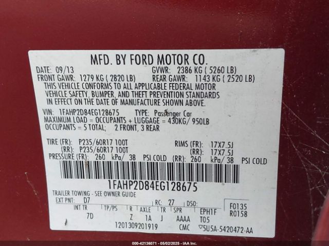 1FAHP2D84EG128675 Ford TAURUS SE