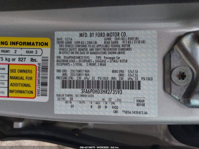 3FA6P0HD3HR273593 Ford FUSION SE