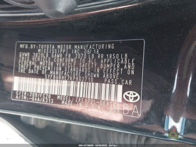 5YFBURHE7KP862710 Toyota COROLLA SE