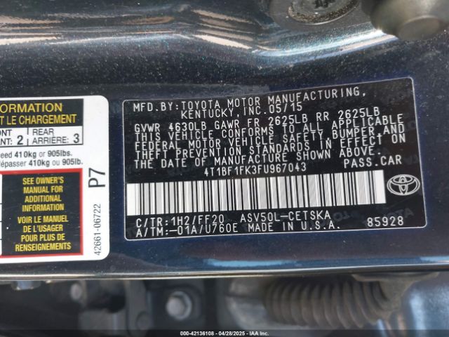 2015 TOYOTA CAMRY 4T1BF1FK3FU967043 Photo 8