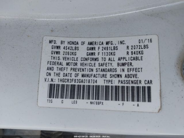 1HGCR3F93GA018704 Honda Accord Touring