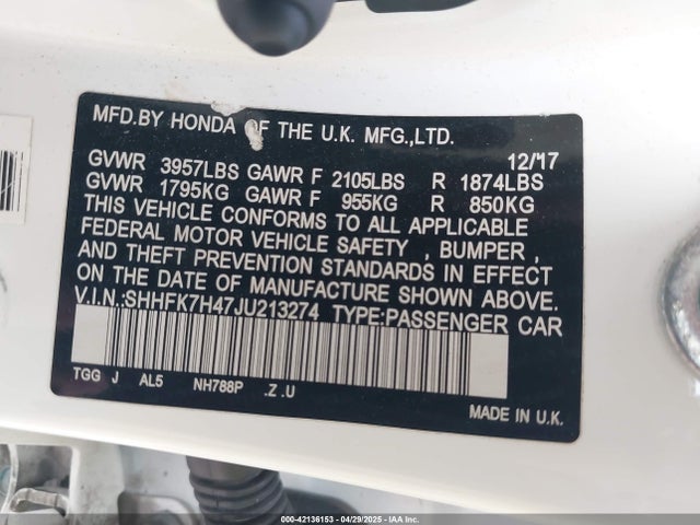 SHHFK7H47JU213274 Honda Civic Sport