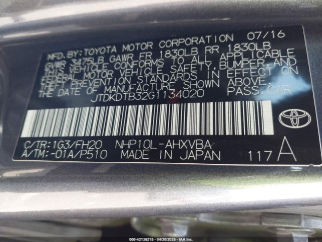 JTDKDTB32G1134020 Toyota Prius C One