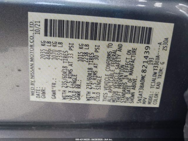 5N1AT3BA0MC821439 Nissan Rogue Sv Fwd