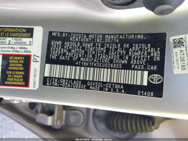 4T1BK1FK5EU026655 Toyota Camry Xle V6