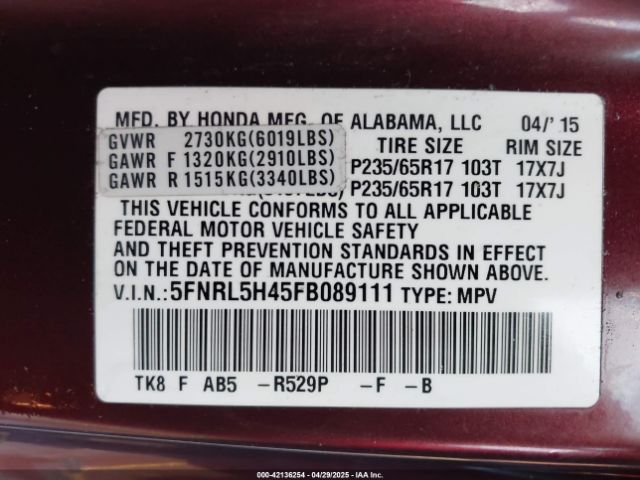5FNRL5H45FB089111 Honda ODYSSEY EX