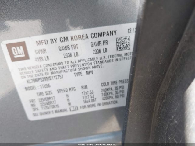 KL79MPS29MB112757 Chevrolet Trailblazer Fwd Lt