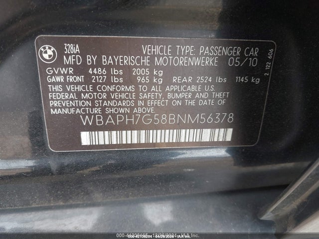 Aukcja sprzedaży 2011 Bmw 328i, vin: WBAPH7G58BNM56378, numer aukcji: 42136284