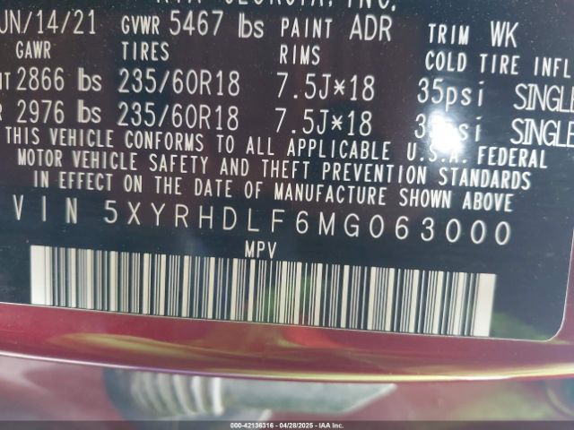5XYRHDLF6MG063000 KIA SORENTO EX