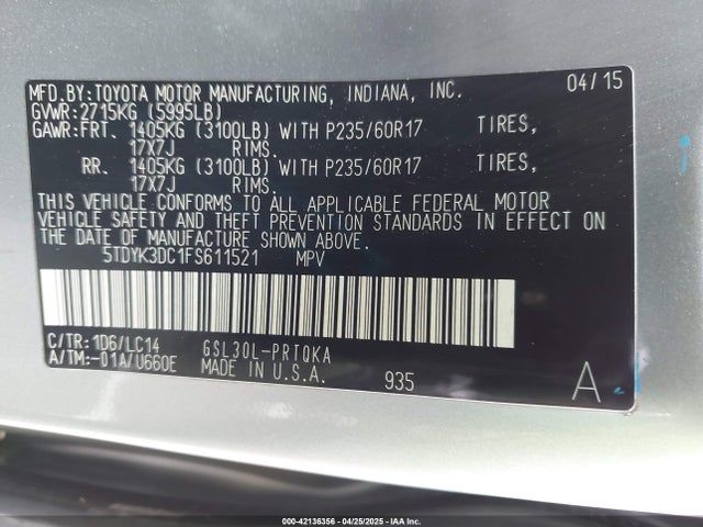 5TDYK3DC1FS611521 Toyota Sienna Xle 8 Passenger