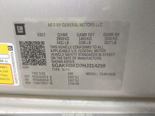 5GAKRBKD7HJ314259 Buick Enclave Leather