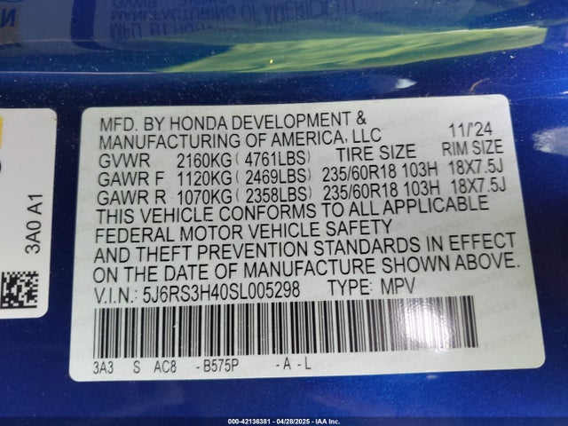 5J6RS3H40SL005298 Honda l15be