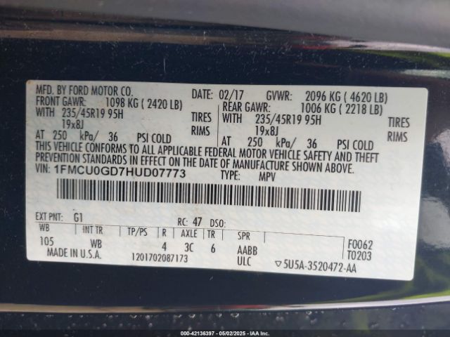 1FMCU0GD7HUD07773 Ford ESCAPE SE