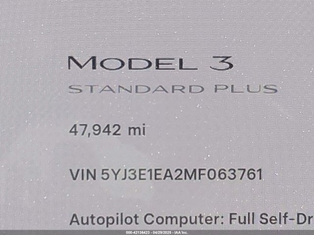 5YJ3E1EA2MF063761 Tesla Model 3 Standard Range Plus Rear-wheel Drive