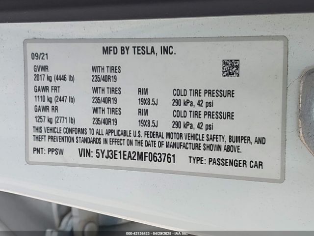 2021 TESLA MODEL 3 5YJ3E1EA2MF063761 Photo 8