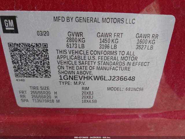 1GNEVHKW6LJ236648 Chevrolet Traverse Awd Lt Leather