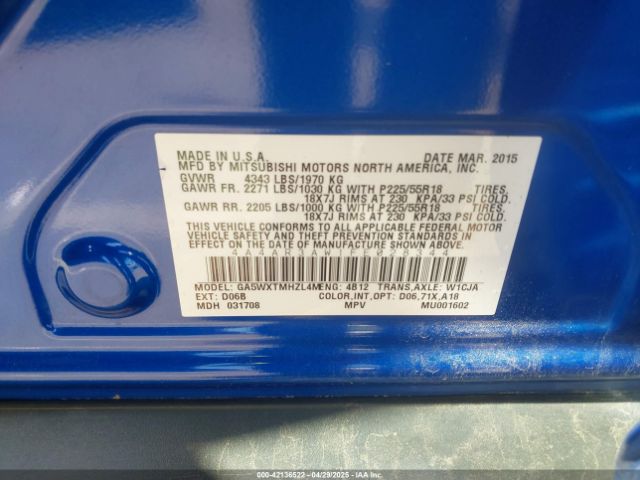 4A4AR3AW1FE028344 Mitsubishi Outlander Sport Es