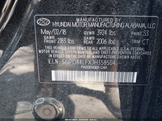5NPD84LFXJH358504 Hyundai ELANTRA SEL